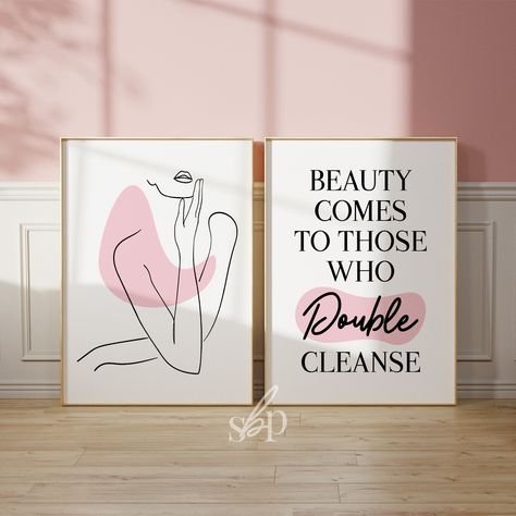 Transform your space into a luxurious retreat with this set of 2 Skincare printable wall art. Perfect for any spa beauty room, salon, or esthetician room, your clients will feel pampered and rejuvenated every time you step inside. Elevate your skincare business with these beautiful prints and make self-care of your clients a top priority. #skincareroutine #esthetician #estheticiandecor #estheticianquotes #facialtreatment #facialmassage #acnespecialist #aesthetician #skincarequotes #doublecle... Skincare Printable, Esthetician Salon, Decor Beauty Salon, Suite Decor, Esthetician Quotes, Beauty Room Salon, Skincare Business, Esthetician Room Decor, Clinic Interior