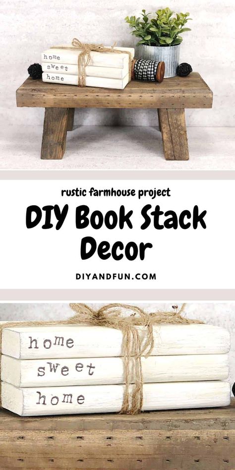 DIY Wooden Book Stack Project, a simple project for making a trendy homemade rustic farmhouse decorating staple Stacked Books Decor Diy Wood, Wooden Stacked Books, Diy Wood Books, Stacked Books, Farmhouse Decorating, Diy Posts, Wood Book, Wooden Books, Book Stack