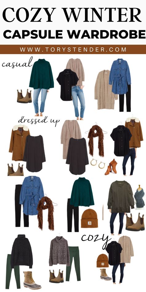 Winter capsule wardrobe cozy + casual. A casual winter capsule wardrobe for working from home. Cute casual winter outfit ideas. Neutral winter capsule wardrobe Casual Winter Capsule Wardrobe, Winter Capsule Wardrobe Travel, Minimal Stil, Outfits Leggins, Casual Winter Outfit, Capsule Wardrobe Casual, Look Boho Chic, Flowers Wreath, Capsule Wardrobe Essentials