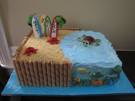 Maybe I could make this into a Teen Beach Movie cake for Emma... Looks simple. HA! Surfer Cake, Almond Wedding Cakes, Beach Birthday Cake, Beach Themed Cakes, Ocean Cakes, Movie Cakes, Beach Cakes, Birthday Cake Kids, Fancy Cakes