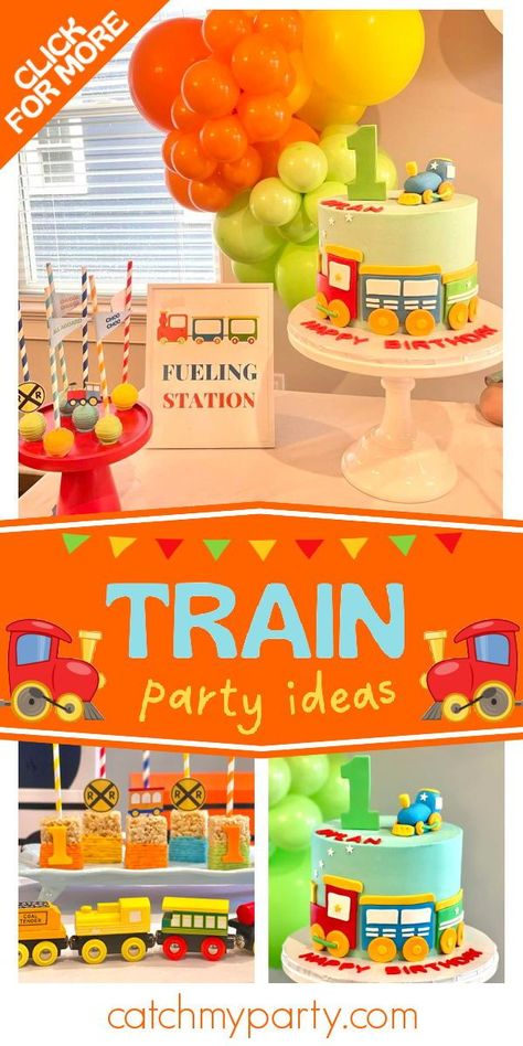 Check out this fun train-themed birthday party! The cake is so cool! See more party ideas and share yours at CatchMyParty.com Train Theme Desserts, Train Birthday Backdrop, Train Cakes For Boys 2nd Birthday, Choo Choo Im Two, Train Birthday Party Cake, 1st Birthday Boy Party Ideas, Activities For Birthday Parties, Train Themed Birthday Party, Birthday Boy Party Ideas