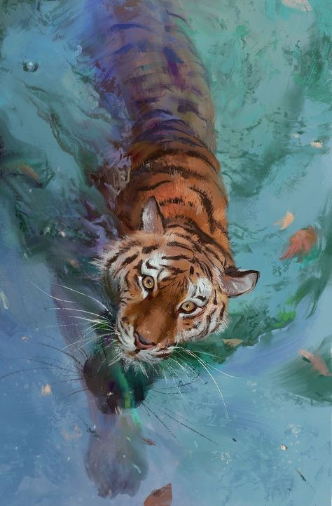 Cute Tiger Art, Tiger Aesthetics, Tiger Painting Acrylic, Tiger And Butterfly, Tiger Swimming, Tiger Reference, Tiger Aesthetic, Tiger In Water, Water Tiger