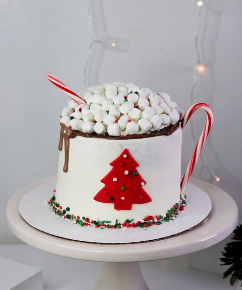 Hot chocolate mug cake. Hot chocolate cake. Christmas themed cake Hot Chocolate Cake Design, Hot Chocolate Birthday Cake, Christmas Themed Birthday Cake, Christmas Mug Cake, Chocolate Cake Christmas, Hot Chocolate Mug Cake, Hot Chocolate Cake, Chocolate Christmas Cake, Coffe Mug Cake