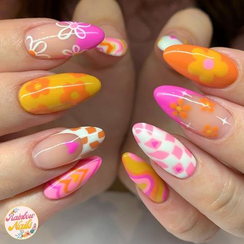 Mix Match Nails, Summer Nail Ideas, Retro Nails, Hippie Nails, Colorful Nails, Summery Nails, Nail Style, Bright Nails, Kawaii Nails