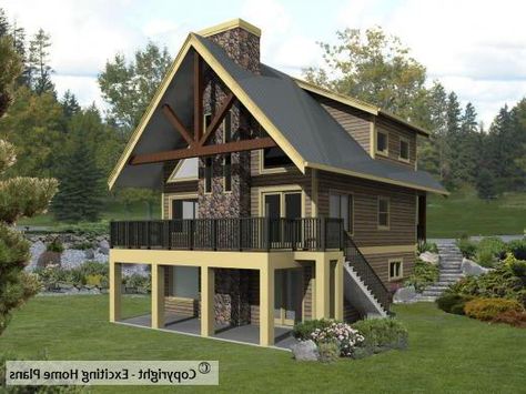 Sierra - Cabin Plan - Front View of House of House The Great Chamber Utah, Triangle Windows Exterior, Maine Lake Cabin, Lake Cabin Plans, Small Lake House Plans, River Homes, Chalet House Plans, Earthy Homes, Garage Homes