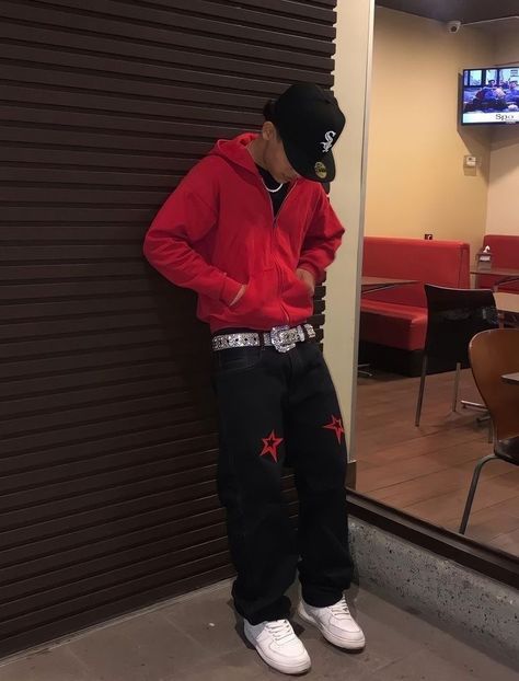 Red And Black Streetwear Outfit Men, Red Hoodie Outfit Men, Red Jordan 1 Outfit, Red Streetwear Outfit, Hoodie Outfit Men Streetwear, Red Hoodie Outfit, Takuache Outfits Guys, Outfit Ideas Streetwear, Y2k Outfits Men