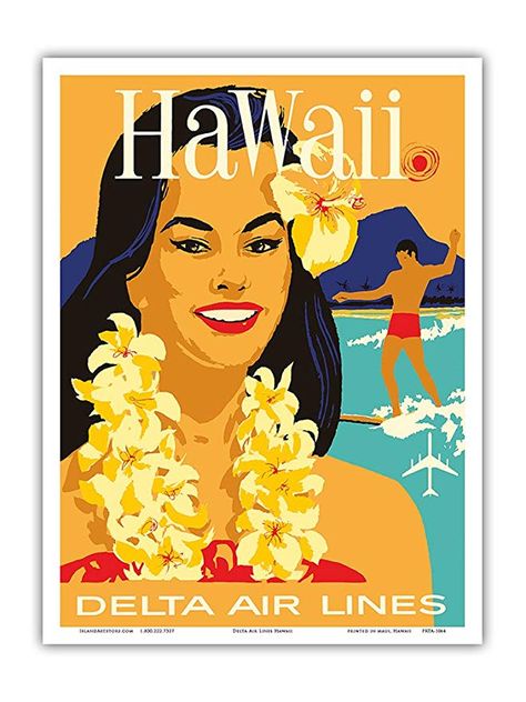 Hawaiian Wall Art, Vintage Hawaiian Decor, Surfer Art, Vintage Airline Posters, Hawaiian Travel, Hawaii Vintage, Delta Air Lines, Flower Lei, Hawaii Art