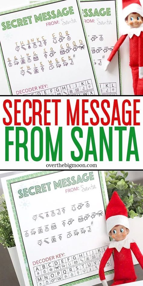 A printable Secret Message from Santa Printable-- print this fun printable to leave out with your Elf on the Shelf or put it in an envelope and have Santa mail this secret message to your family! The kids will love decoding this message from Santa! From overthebigmoon.com! Elf On The Shelf Letter To Santa, Shelf Crafts, Elf On Shelf Printables, Santa Notes, Classroom Elf, Elf Notes, Message From Santa, Gingerbread Ideas, Santa Printable