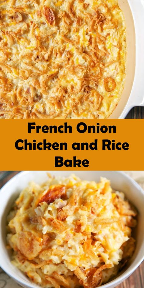 French Onion Chicken And Rice, French Fried Onion Recipes, French Onion Casserole, Fried Onions Recipe, Using Rotisserie Chicken, Rice Bake Recipes, Chicken Rice Bake, Weeknight Casseroles, Recipes Using Rotisserie Chicken