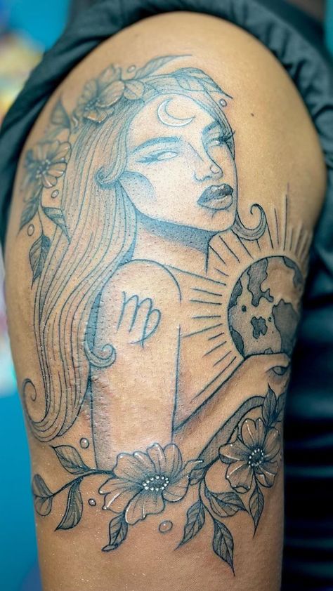 A sophisticated thigh tattoo depicting a serene woman's face with Virgo zodiac sign, moon, and floral embellishments - a harmonious design for a Virgo lady Virgo Tattoo Ideas For Women, Virgo Women Tattoo, Virgo Tattoo Ideas, Virgo Tattoo Designs, Virgo Symbol, Virgo Tattoo, Delicate Tattoo, Zodiac Tattoos, Hand Tattoos For Women