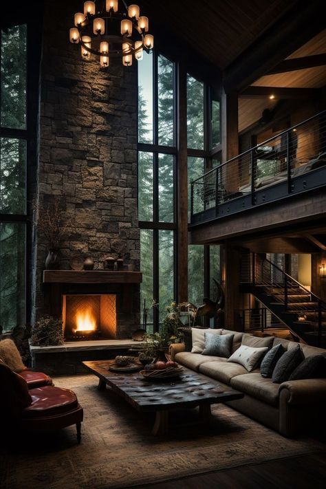 Dark Living Room High Ceilings, Grand Fireplace Ideas, Two Storey Fireplace, Sweden Home, Library Den, Stone Chimney, Chalet Interior, Wood Stove Fireplace, Cottage Designs