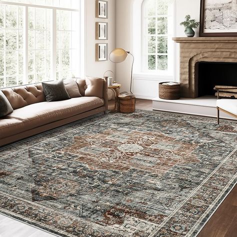 Amazon.com: Roxstand 5x7 Area Rugs, Stain Resistant Machine Washable Area Rugs with Non-Slip Backing, Vintage Rugs for Bedroom, Living Room, Large Soft Low Pile Area Rug (White/Brown, 5'x7') : Home & Kitchen Winter Rugs Living Rooms, Area Rugs In Living Room With Dark Furniture Sofas Brown Couch, Rugs To Match Brown Leather Couch, Rugs For Brown Couch Living Rooms, Cozy Rugs For Bedroom, Dark Rugs In Living Room, Living Room Colors With Brown Couch, Brown Theme Living Room, Rugs For Dark Wood Floors