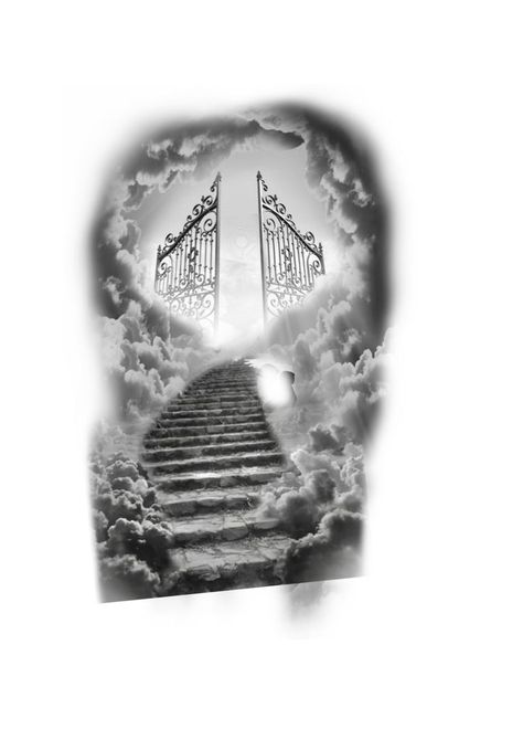 Heavenly Tattoos For Men, Gates Of Heaven Tattoo Design, Heaven Gates Tattoo Stencil, Heaven Back Tattoo, Heavens Gate Tattoo Design, Stair Way To Heaven Tattoo, Stairway To Heaven Tattoo Sleeve, Cloud Tattoo Sleeve Heavens, Stairway To Heaven Tattoo Stencil