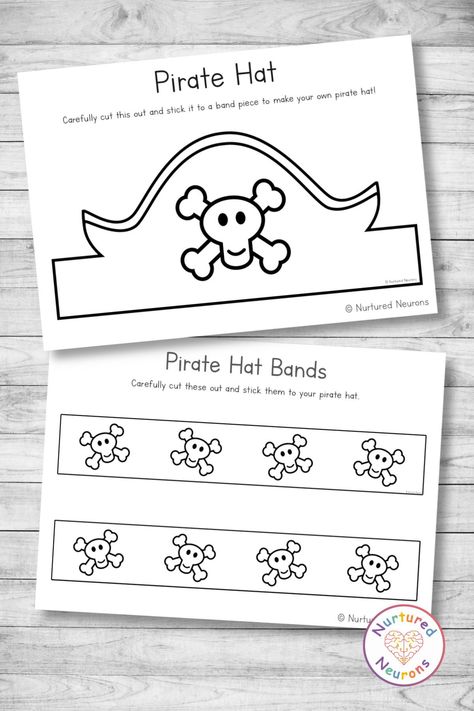 Pirate Hat Printable Template, Pirate Prek Crafts, Pirate Prek Activities, Pirate Themed Preschool Activities, Pirate Hat Template Free Printable, Pirate Activity For Kids, Pirates Crafts For Kids, Pirate Day Activities For Kids, Preschool Pirate Activities