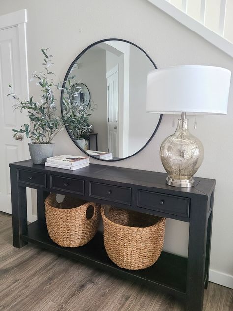 Entryway, entryway styling, console table, console table styling, Wayfair home, round mirror, interior design, interior decorating, home decor, simple style, my simple home, Target baskets, table lamp, potted greenery Transitional Entryway Decor, Black Entryway Table, Ideas Decoracion Salon, Hallway Table Decor, Narrow Entryway Table, Entry Table Decor, Sideboard Decor, Console Table Styling, Black Console Table