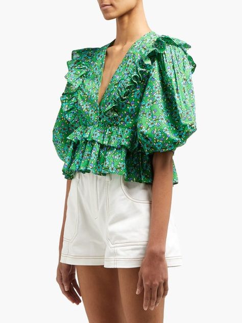 Ruffled Blouse, Green Floral Print, Retro Pattern, Green Print, Cotton Voile, Crop Blouse, Floral Shirt, Printed Cotton, Crop Tops Women