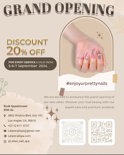 ✨WE HAVE A DATE✨ We are happy to announce the Grand Opening of Le Lani Nail Spa on September 5-6-7 2024. Mark your calendars and get ready for an extraordinary day of celebration, pampering, and exclusive offers ❤️ ❗️20% Off All Services: Enjoy a 20% discount on all our nail services. Whether it’s a manicure, pedicure, or nail art, we’ve got you covered! ✨Free Food and Drinks: Savor delicious refreshments on us! From tasty snacks to refreshing beverages, we’ve got everything to keep you en... Nail Announcement, Refreshing Beverages, Tasty Snacks, Nail Services, Los Angles, Us Nails, Manicure Pedicure, Nail Spa, Refreshing Drinks