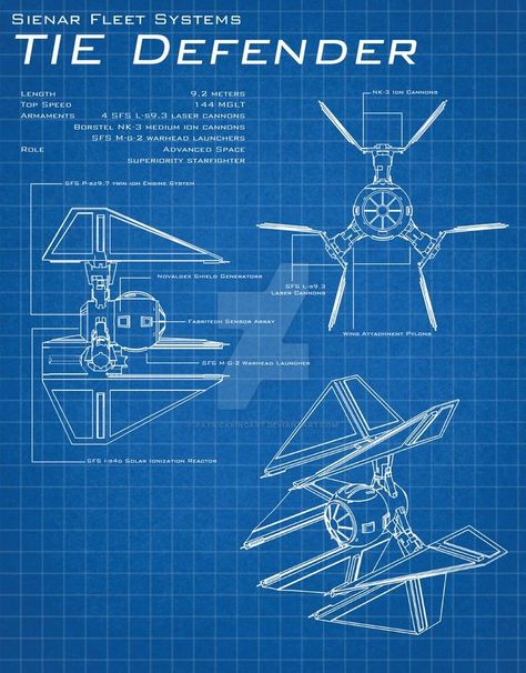 Star Wars Blueprints - TIE Defender by patrickkingart on DeviantArt Starwars Blueprints, Tie Defender, Space Rover, Star Wars Infographic, Star Wars Ships Design, Star Wars Spaceships, Star Wars Prints, Star Wars Models, Star Wars Vehicles