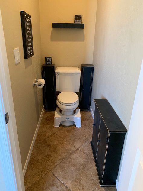 "This is a great cabinet for the floor in your bathroom or any room of your home. It can be used to hold toilet paper, Feminine Products , cleaning items or even the toilet brush! You could use it as an end table in your living room or bed room! Measures overall 25\" wide x 25\" tall x 6\" deep Left side is a 11. 3/8\" wide x 23.5\" tall x 4\" deep Right side has 2 areas 4\" deep x 11 3/8\" wide x 11.25\" tall 2 Hinged doors Shown Finished in Distressed Black Single cabinets are also offered in Water Closet Decor Toilet Room, Very Small Bathroom Design, Water Closet Decor, Farmhouse Decor Bathroom, Outhouse Bathroom, Decor Shelves, Essential Oil Shelf, Feminine Products, Rustic Wall Hangings