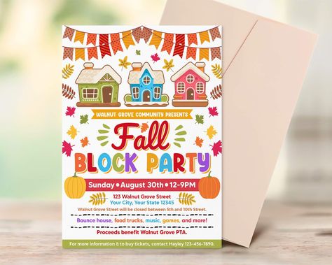 Autumn Neighborhood, Fall Block Party, Block Party Flyer, Neighborhood Halloween, Fall Bake Sale, Food Drive Flyer, Block Party Invitations, Fall Blocks, Festival Flyer