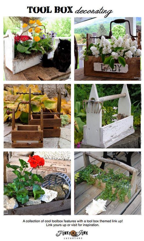 Party Junk 191 - decorating with tool boxes! - Funky Junk Interiors Wooden Tool Box, Old Tool Boxes, Gardening Crafts, Wooden Tool Boxes, Funky Junk Interiors, Design Blogs, Tool Boxes, Funky Junk, Garden Crafts