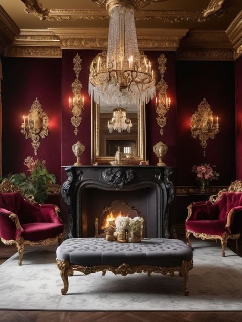 Arabian Majlis, Gold Painted Walls, Color Palette Interior Design, Victorian Home Decor, Victorian Interiors, Architecture Design Concept, Damask Wallpaper, Kitchen Inspo, Deep Burgundy