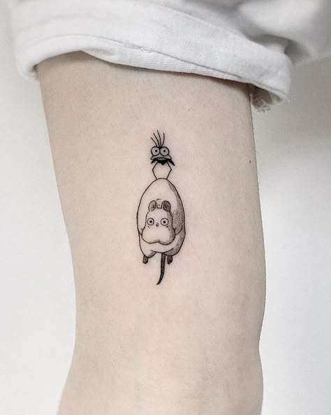 Fine Line Studio Ghibli Tattoo, Small Studio Ghibli Tattoo Ideas, Simple Studio Ghibli Tattoo, Cat Bus Tattoo, Catbus Tattoo, Ghibli Tattoo Minimalist, Pusheen Tattoo, Hayao Miyazaki Tattoo, Kodama Tattoo