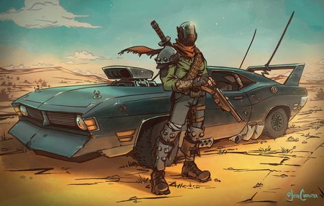 Road Warrior, Jesse Carpenter on ArtStation at https://www.artstation.com/artwork/YaYz0q Junggi Kim, Dieselpunk Vehicles, Wasteland Warrior, Fallout Fan Art, Fallout Concept Art, The Road Warriors, Post Apocalyptic Art, Apocalypse Art, Road Warrior