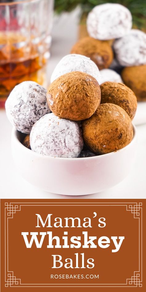 This Whiskey Ball recipe is a yummy, no-bake dessert that packs a ton of flavor and texture into small sweet bites! The recipe makes a small batch, meaning you won't have piles of leftovers. It's perfect for a small family gathering or office party and they are always a favorite Christmas treat. They are also called Rum Balls, Whiskey Kisses, Bourbon Balls, and Kentucky Bourbon Balls. Whisky Balls Recipe, Whiskey Balls Recipe No Bake, No Bake Whiskey Balls, Kentucky Bourbon Balls, Whiskey Balls Recipe, Whiskey Balls, Alcohol Desserts, Quick Chocolate Chip Cookies, Homemade Whiskey