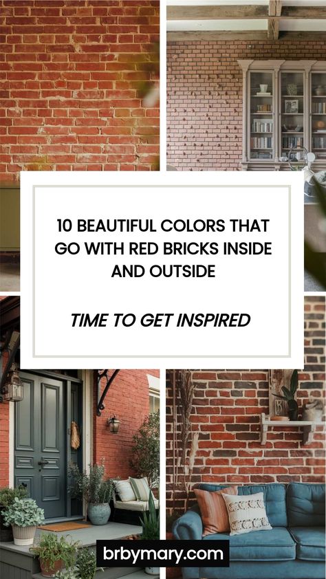 I love these colors that go well with red bricks! Red brick has a natural warmth and character that can be beautifully enhanced by the right color combinations. Choosing the best colors to pair with it can make your space feel more cohesive. Plus, there are quite a few colors that go with red bricks so depending on your taste, you will have a good number of options. Red Brick Interior Color Schemes, Brick House Accent Colors Exterior Paint, Paint Colors To Go With Red Brick, Red Brick Wall Interior Paint Colors, Red Brick To White Brick, Red Brick White Siding, Trim Colors For Red Brick House, Red Brick Accent Wall, Brick Red Color Palette