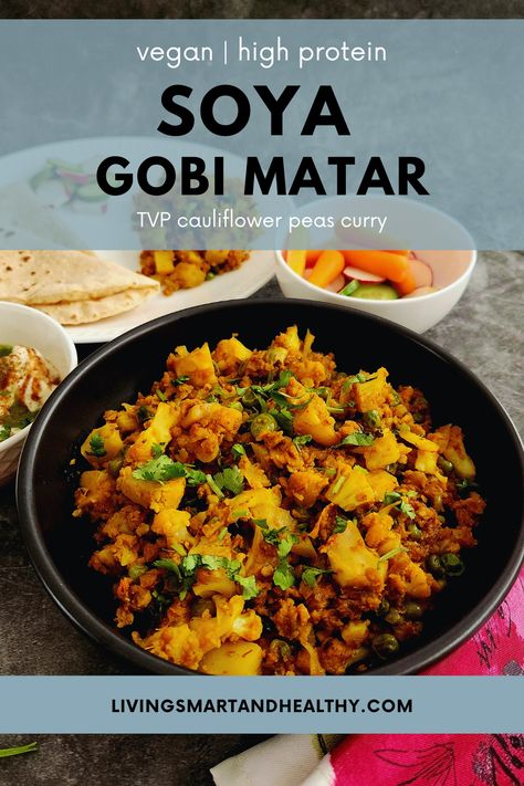 Enjoy the rich flavors of Soya Granules Gobi Matar Recipe, where tender cauliflower and protein-packed soya granules come together in a delightful blend of Homemade Bhuna Masala. This quick and easy dish offers a comforting and nutritious twist to a classic favorite, perfect for a satisfying meal! Soya Chunks Recipe, Soya Recipe, Indian Vegetarian Dishes, High Protein Vegan, Quick Dinner Recipes, Easy Dishes, Frozen Peas, Satisfying Food, Vegetarian Dishes