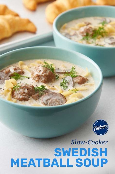 We took classic Swedish meatballs with pasta and turned it into a cozy slow-cooker soup that will keep you warm on the chilliest of days. Even better, the prep work for this soup is super easy, thanks to frozen meatballs. Swedish Meatball Soup Recipe, Swedish Meatball Soup, Slow Cooker Swedish Meatballs, Soup Appetizers, Meatball Soup, Swedish Meatballs, Swedish Recipes, Dinner Appetizers, Slow Cooker Soup