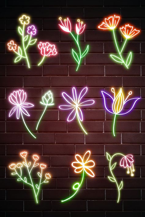 Glowing botanical neon signs psd set | free image by rawpixel.com / paeng Flowers Glowing, Neon Icons, Floral Backgrounds, Brick Background, Led Flower, Neon Flowers, Free Illustration Images, Neon Painting, Psd Background