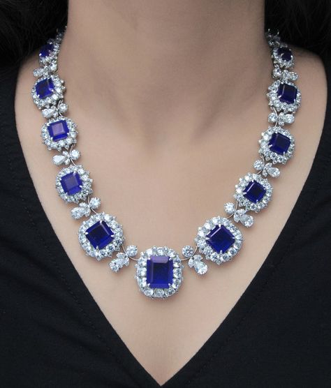 Blue Diamond Necklace, Bridal Jewellery Inspiration, Blue Sapphire Stone, Blue Sapphire Jewelry, Neck Pieces Jewelry, Blue Sapphire Necklace, Pearl Necklace Designs, Diamond Necklace Set, Diamond Jewelry Designs