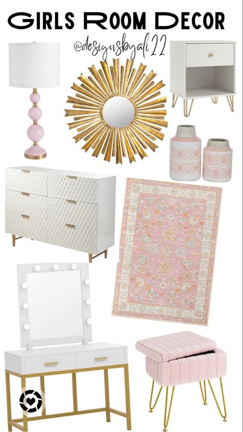 Pink Gold Room Bedrooms, Blush Pink White And Gold Bedroom, Pink Gold Teen Bedroom, Pink And Gold Teenage Girl Bedroom, Room Ideas Aesthetic Pink White And Gold, Pink And White Teen Bedroom, Gold And Pink Room Decor, Pink Gold And White Room, Pink Bed Frame Bedroom Ideas