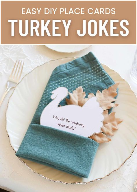 Thanksgiving Place Cards Diy, Turkey Jokes, Thanksgiving Name Cards, Diy Thanksgiving Cards, Turkey Place Cards, Thanksgiving Tags, Holiday Place Cards, Thanksgiving Jokes, Diy Place Cards