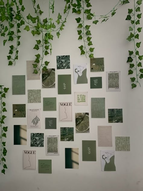 Green Bedroom Walls Cozy, Green Wall Collage Bedroom, Green Bedroom Wall Decor, Green Astethic Room Ideas, Pastel Green Bedroom Ideas, Room Collage Wall Aesthetic Pictures Green, Wall Decor Green, Sage Green Polaroid, Sage Green Wall Collage