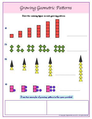 Worksheet | Growing Geometric Patterns | Draw the missing figure in each growing pattern. Growing Patterns Grade 2, Maths Patterns, Kindergarten Math Patterns, Shiloh Book, Math Patterns Activities, Scientific Method Elementary, Ab Pattern Worksheet, Growing Patterns, Preschool Pattern Worksheets