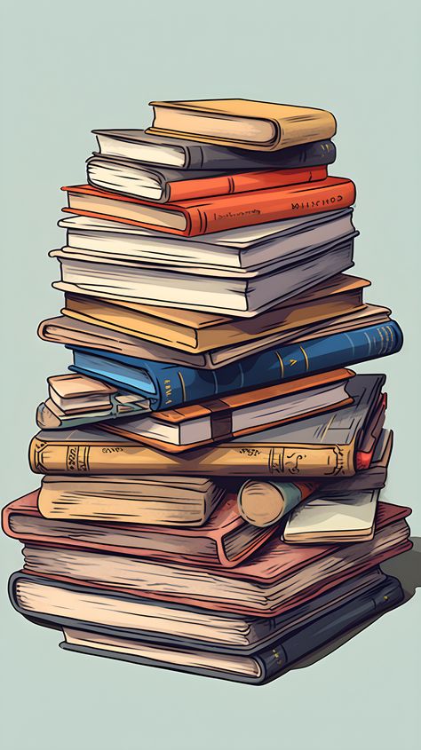 An art print showcasing a pile of books for sale, characterized by flat shading, intricate details, and muted colors American States, Pile Of Books, Library Art, Book Background, Image 3d, Book Wallpaper, Book Drawing, Book Dragon, Book Images