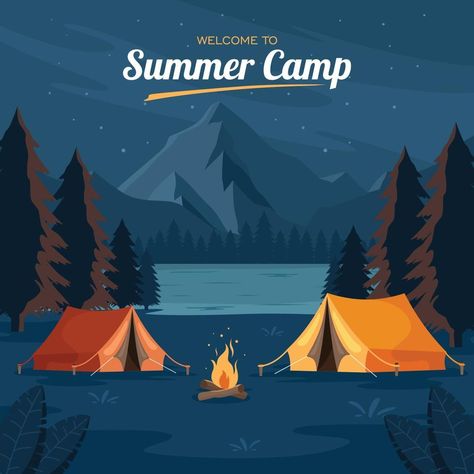 Summer Camp Graphic Design, Summer Camp Drawing, Welcome To Summer Camp, Summer Camp Illustration, Summer Camp Background, Camp Drawing, Camp Background, Calendar Poster Design, Camping Background