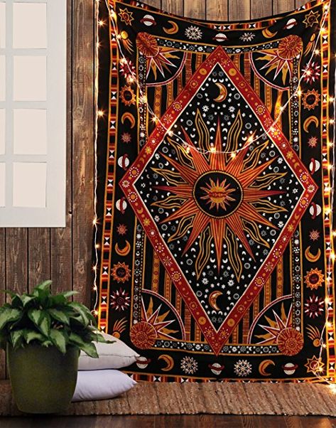 Sun Tapestry, Sun And Moon Mandala, Celestial Tapestry, Burning Sun, Hippie Bedding, Sun And Moon Tapestry, Bohemian Bedspread, Mandala Tapestries Wall Hangings, Indian Tapestry