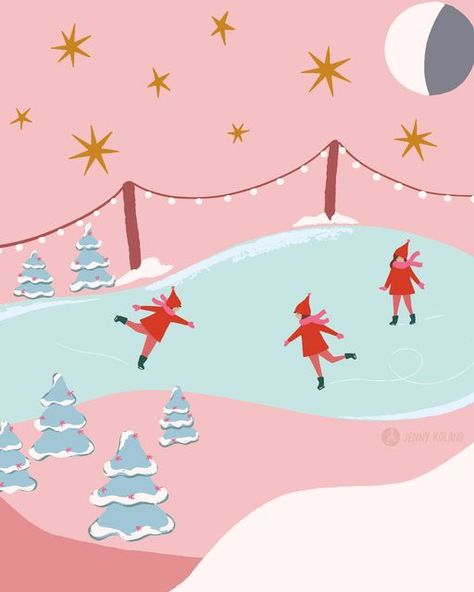 Jenny Koland | Surface Pattern Design & Illustration on Instagram: "Ice skating elves ⛸ Festive characters is the 4th prompt of #villagechristmas2023 and I can't believe there are only 1.5 prompts left! (Swipe to see the remaining prompts -- one of them is optional lettering!) I've loved seeing everyone's holiday villages come together and can't wait to see the rest ❤ Next up: Jolly Transportation! #villagechristmas #christmasillustration #holidayillustration #holidayart #winterart #winterillustration #iceskating #drawingchallenge #holidaydrawingchallegne #illustrationartist #femaleillustrators #ladieswhodraw #pinkchristmas" Christmas Iceskating, Ice Skating Art Drawing, Ice Skating Illustration, Vintage Ice Skating Illustration, Christmas Ice Skating Illustration, Christmas Ice Skates, Ice Skating Rink, Ice Skaters, Winter Illustration