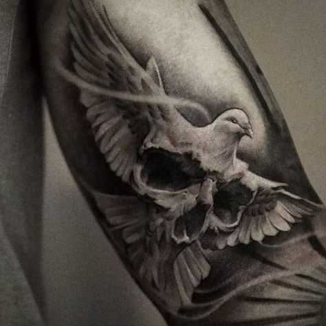 Skull Dove Tattoo Design, Inner Bicep Tattoo Men Ideas Design, Inner Bicep Tattoo Men, Inside Bicep Tattoo Mens, Inside Tattoo, Inside Bicep Tattoo, Skull Rose Tattoos, Dove Tattoos, Skull Sleeve Tattoos