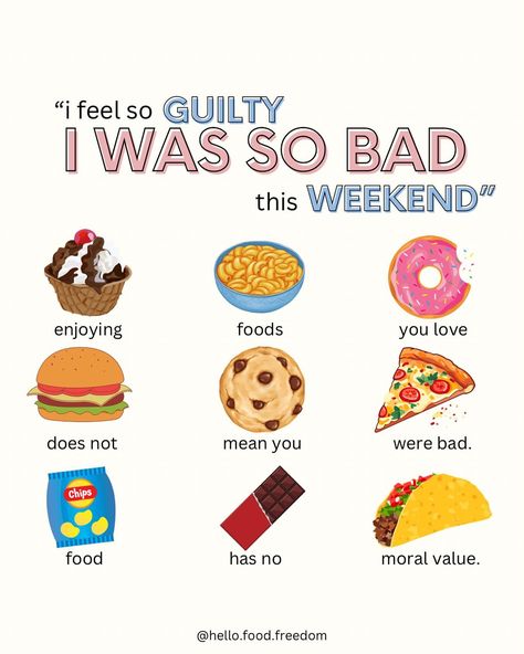 the way we talk about food matters! when we talk about food as being “good” vs “bad” it can negatively impact our relationship with food. we start to believe we ARE good or bad based on what we are eating. this can be REALLY confusing to kids when they are learning about foods. 🫤 food has no moral value. you aren’t a good person for eating a salad or a bad person for eating a donut. are these foods nutritionally different? absolutely! of course an apple is not nutritionally equally to a ... Food Disorders, Recovery Food, A Good Person, Anti Dieting, Food Matters, Good Person, Moral Values, Relationship With Food, Body Acceptance