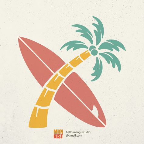 Summer Surf Club is a vintage illustration that is suitable for apparel or merchandise about summer, vacation, holiday, travel, beach, tropical, surfing, camping, palm trees, paradise, surfboard, coconut trees, island. Beach Graphics, Deco Surf, Surf Room, Surf Logo, Beach Logo, Palm Island, Surf Club, Coconut Trees, Surf Design