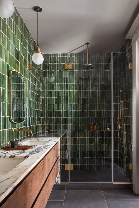 Tour this elegant Brooklyn Brownstone | Wallpaper Brooklyn Bathroom, Brownstone Boys, Frederic Church, Tile Walls, Brooklyn Brownstone, Wallpaper Magazine, Boys Bathroom, Bathroom Wall Tile, Green Bathroom