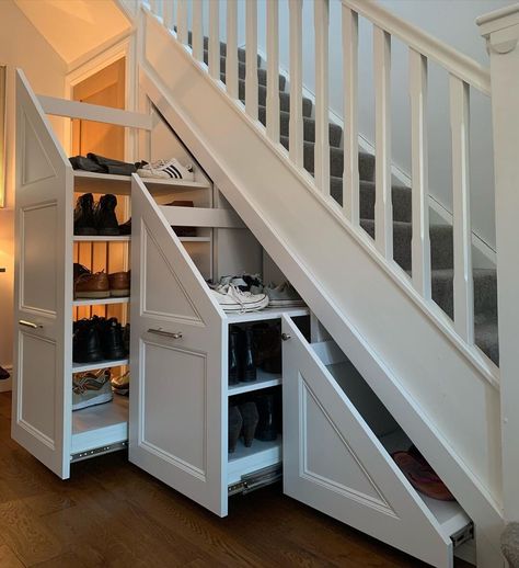 Under Stairs Pull Out Storage, Stair Cases Ideas, Understands Storage, Hallway Shoe Storage Ideas, Stairs Shoe Storage, Understand Storage, Hallway Storage Ideas, Under The Stairs Storage, Stair Door