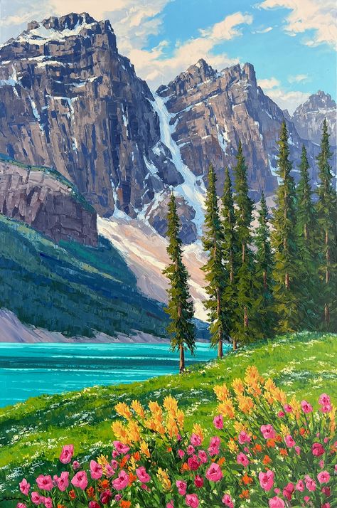 Peizaji Drawing, Lake Garden, Mountain Landscape Painting, Moraine Lake, Scenery Paintings, Mosaic Artwork, Canvas Painting Landscape, Landscape Art Painting, Small Canvas Art