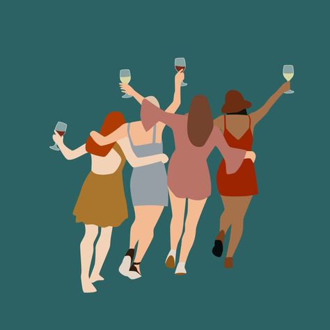 Digital vector illustration featuring a group of female friends each holding a glass of wine. Commission for Coffee to Wine, a fun lifestyle brand for moms. 4 Women Friends, Drawings Of Friends Group Of 4, Four Friends Illustration, Group Of Women Illustration, Two Friends Illustration, Four Friends Drawing, Illustration Art Friends Group, 4 Friends Aesthetic, 4 Friends Illustration