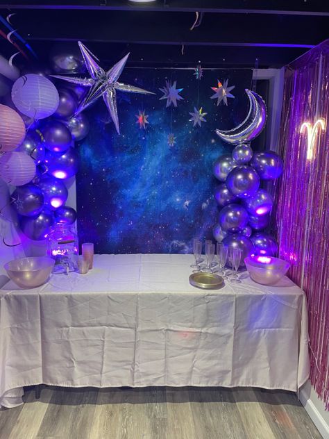 Horoscope Party, Space Themed Sweet 16, Cosmic Birthday Party, Zodiac Party Decorations, Northern Lights Birthday Party, Galaxy Dance Theme, Galaxy Sweet 16 Party Ideas, Space Dance Theme, Aquarius Birthday Party